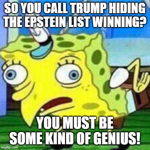 triggerpaul | SO YOU CALL TRUMP HIDING THE EPSTEIN LIST WINNING? YOU MUST BE SOME KIND OF GENIUS! | image tagged in triggerpaul | made w/ Imgflip meme maker