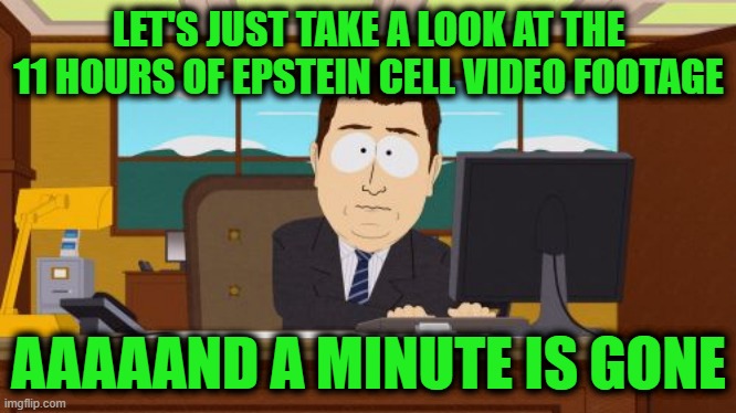 11:58:58-12:00:00 | LET'S JUST TAKE A LOOK AT THE 11 HOURS OF EPSTEIN CELL VIDEO FOOTAGE; AAAAAND A MINUTE IS GONE | image tagged in memes,aaaaand its gone | made w/ Imgflip meme maker