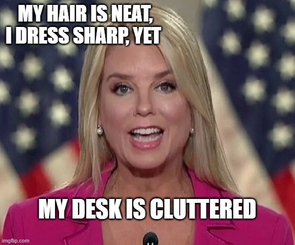 Pam Bondi | MY HAIR IS NEAT,
I DRESS SHARP, YET MY DESK IS CLUTTERED | image tagged in pam bondi | made w/ Imgflip meme maker