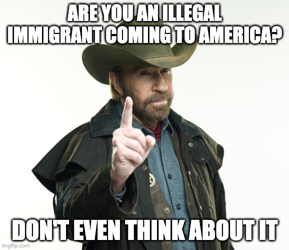 Chuck Norris Finger | ARE YOU AN ILLEGAL IMMIGRANT COMING TO AMERICA? DON'T EVEN THINK ABOUT IT | image tagged in memes,chuck norris finger,chuck norris | made w/ Imgflip meme maker