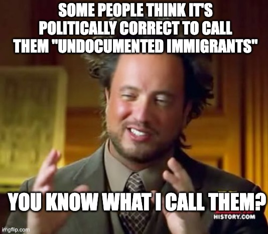 Ancient Aliens | SOME PEOPLE THINK IT'S POLITICALLY CORRECT TO CALL THEM "UNDOCUMENTED IMMIGRANTS"; YOU KNOW WHAT I CALL THEM? | image tagged in memes,ancient aliens | made w/ Imgflip meme maker