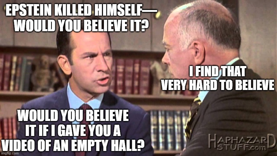 Would you believe it? | EPSTEIN KILLED HIMSELF—
WOULD YOU BELIEVE IT? I FIND THAT VERY HARD TO BELIEVE; WOULD YOU BELIEVE IT IF I GAVE YOU A VIDEO OF AN EMPTY HALL? | image tagged in would you believe,jeffrey epstein,epstein,get smart,lies | made w/ Imgflip meme maker