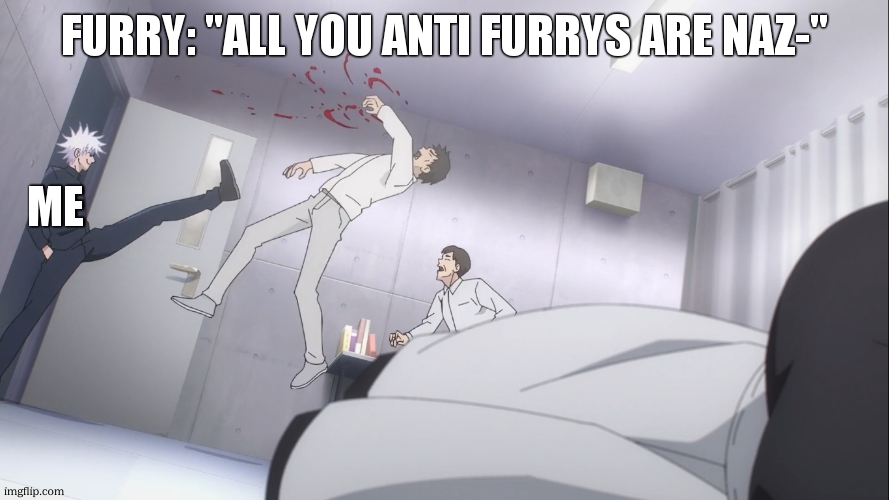 lol | FURRY: "ALL YOU ANTI FURRYS ARE NAZ-"; ME | image tagged in gojo satoru kicks guy in the face | made w/ Imgflip meme maker