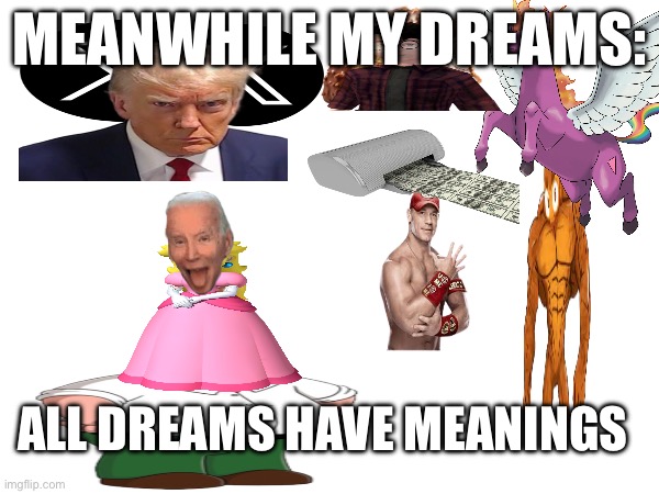 MEANWHILE MY DREAMS:; ALL DREAMS HAVE MEANINGS | image tagged in funny memes | made w/ Imgflip meme maker