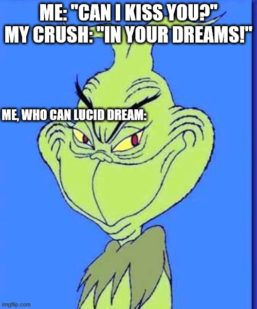 Good Grinch | ME: "CAN I KISS YOU?" MY CRUSH: "IN YOUR DREAMS!"; ME, WHO CAN LUCID DREAM: | image tagged in good grinch | made w/ Imgflip meme maker