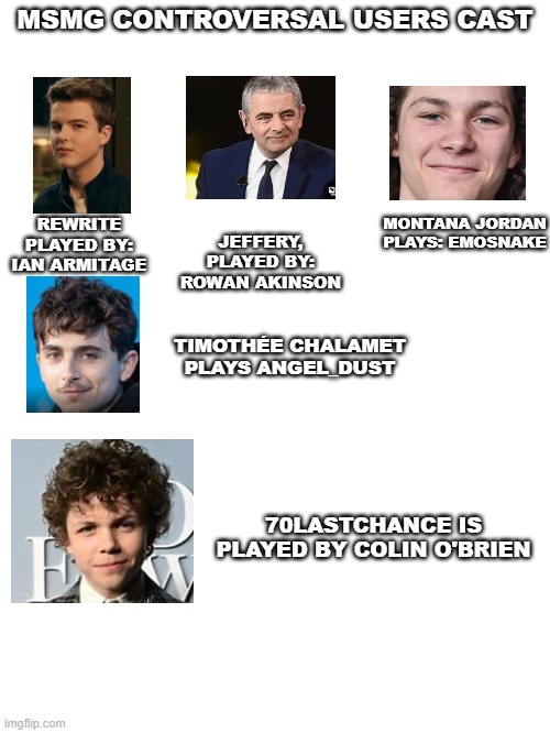 more users coming soon | MSMG CONTROVERSAL USERS CAST; REWRITE PLAYED BY: IAN ARMITAGE; MONTANA JORDAN PLAYS: EMOSNAKE; JEFFERY, PLAYED BY: ROWAN AKINSON; TIMOTHÉE CHALAMET PLAYS ANGEL_DUST; 70LASTCHANCE IS PLAYED BY COLIN O'BRIEN | made w/ Imgflip meme maker