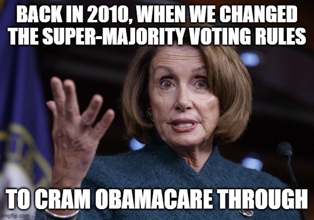 Good old Nancy Pelosi | BACK IN 2010, WHEN WE CHANGED THE SUPER-MAJORITY VOTING RULES TO CRAM OBAMACARE THROUGH | image tagged in good old nancy pelosi | made w/ Imgflip meme maker