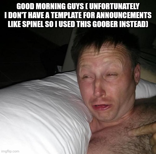 Limmy waking up | GOOD MORNING GUYS ( UNFORTUNATELY I DON'T HAVE A TEMPLATE FOR ANNOUNCEMENTS LIKE SPINEL SO I USED THIS GOOBER INSTEAD) | image tagged in limmy waking up | made w/ Imgflip meme maker