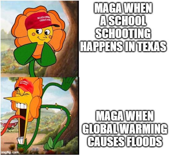 I know someone who knows someone who is missing at Camp Mystic, this is no joke! | MAGA WHEN A SCHOOL SCHOOTING HAPPENS IN TEXAS; MAGA WHEN GLOBAL WARMING CAUSES FLOODS | image tagged in happy then angry flowers maga hats | made w/ Imgflip meme maker
