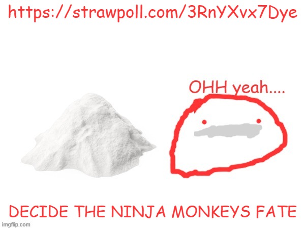https://strawpoll.com/3RnYXvx7Dye | https://strawpoll.com/3RnYXvx7Dye; DECIDE THE NINJA MONKEYS FATE | image tagged in cocaina | made w/ Imgflip meme maker