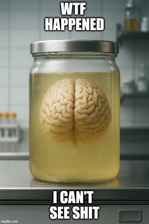 Brain Fog | WTF 
HAPPENED; I CAN'T 
SEE SHIT | image tagged in brain fog | made w/ Imgflip meme maker