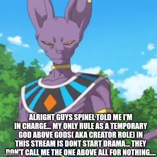 Lord Beerus | ALRIGHT GUYS SPINEL TOLD ME I'M IN CHARGE... MY ONLY RULE AS A TEMPORARY GOD ABOVE GODS( AKA CREATOR ROLE) IN THIS STREAM IS DONT START DRAMA... THEY DON'T CALL ME THE ONE ABOVE ALL FOR NOTHING.... | image tagged in lord beerus | made w/ Imgflip meme maker