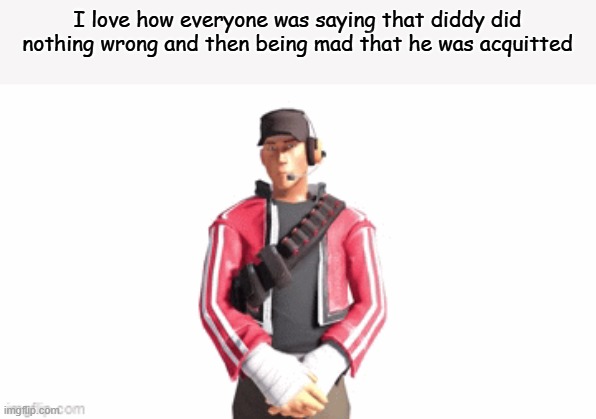 "everyone" is hyperbolic | I love how everyone was saying that diddy did nothing wrong and then being mad that he was acquitted | image tagged in scout drip | made w/ Imgflip meme maker