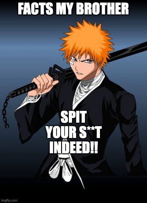 ichigo bleach | FACTS MY BROTHER SPIT YOUR S**T INDEED!! | image tagged in ichigo bleach | made w/ Imgflip meme maker