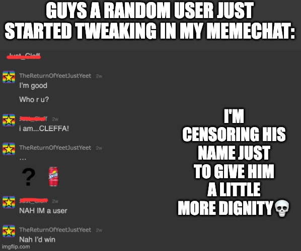 i asked him, befuddled, if he wanted a sprite cranberry because i was at a loss for words | GUYS A RANDOM USER JUST STARTED TWEAKING IN MY MEMECHAT:; I'M CENSORING HIS NAME JUST TO GIVE HIM A LITTLE MORE DIGNITY💀 | image tagged in memes,lol | made w/ Imgflip meme maker