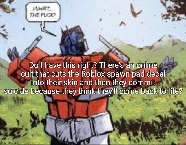 What the fuck | Do I have this right? There's an online cult that cuts the Roblox spawn pad decal into their skin and then they commit suicide because they think they'll come back to life? | image tagged in what the fuck | made w/ Imgflip meme maker