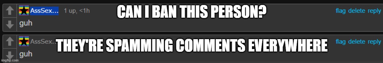 CAN I BAN THIS PERSON? THEY'RE SPAMMING COMMENTS EVERYWHERE | made w/ Imgflip meme maker