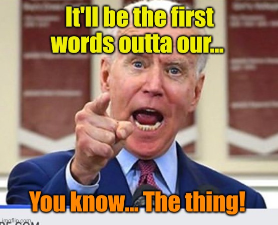 Joe Biden no malarkey | It'll be the first words outta our... You know... The thing! | image tagged in joe biden no malarkey | made w/ Imgflip meme maker