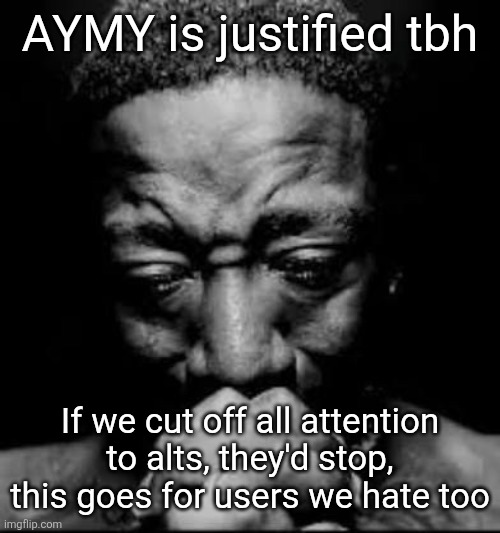 Pluh | AYMY is justified tbh; If we cut off all attention to alts, they'd stop, this goes for users we hate too | image tagged in pluh | made w/ Imgflip meme maker