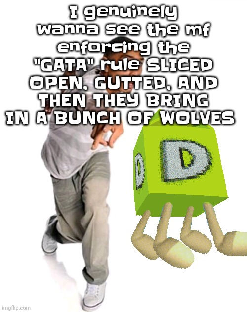 Think fast | I genuinely wanna see the mf enforcing the "GATA" rule SLICED OPEN, GUTTED, AND THEN THEY BRING IN A BUNCH OF WOLVES | image tagged in think fast | made w/ Imgflip meme maker