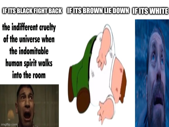 Bear rules | IF ITS BROWN LIE DOWN; IF ITS WHITE; IF ITS BLACK FIGHT BACK | image tagged in bear,death,peter griffin,human | made w/ Imgflip meme maker