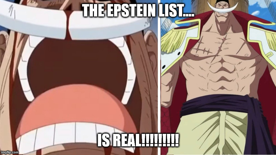Epstein | THE EPSTEIN LIST.... IS REAL!!!!!!!!! | image tagged in whitebeard the one piece is real,whitebeard | made w/ Imgflip meme maker
