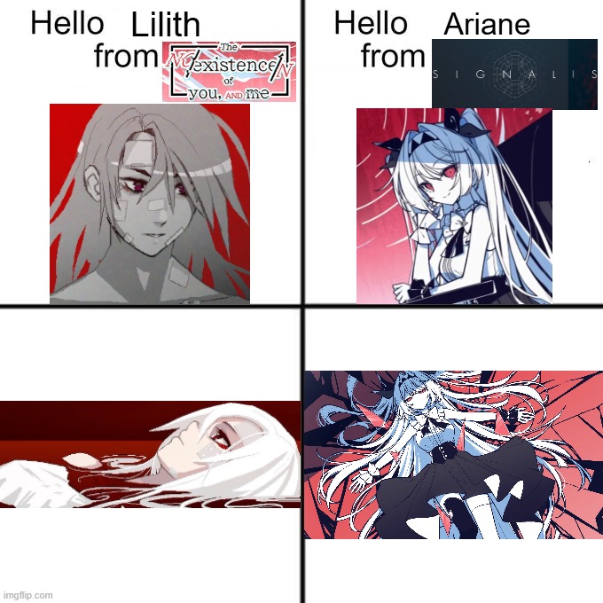 Hello Lilith from NONAND Hello Ariane from SIGNALIS | Lilith; Ariane | image tagged in hello person from | made w/ Imgflip meme maker