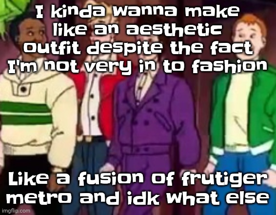 nice outfits guys | I kinda wanna make like an aesthetic outfit despite the fact I'm not very in to fashion; Like a fusion of frutiger metro and idk what else | image tagged in nice outfits guys | made w/ Imgflip meme maker