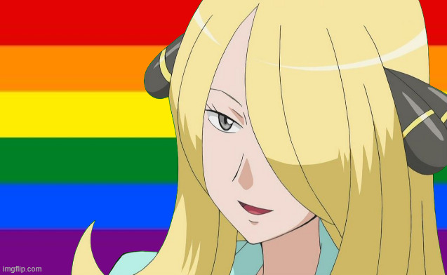 cynthia gay flag meme | image tagged in cynthia,gay flag,pokemon,videogames,nintendo,gen 4 | made w/ Imgflip meme maker