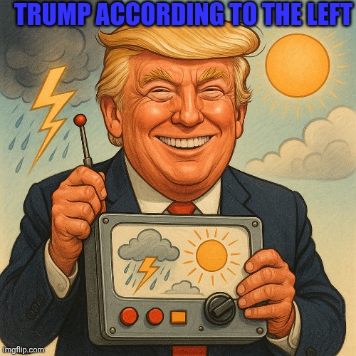Donald Trump's weather control device. | TRUMP ACCORDING TO THE LEFT | image tagged in donald trump | made w/ Imgflip meme maker