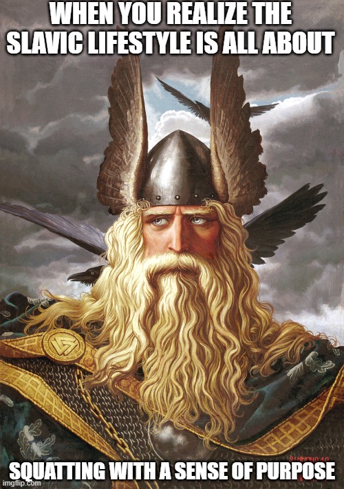 odin | WHEN YOU REALIZE THE SLAVIC LIFESTYLE IS ALL ABOUT; SQUATTING WITH A SENSE OF PURPOSE | image tagged in odin,slavic lives matter,slavic live | made w/ Imgflip meme maker