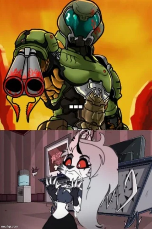 doomguy meets loona | image tagged in doomguy,loona,helluva boss,doom,based,holy | made w/ Imgflip meme maker