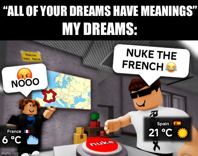 nuke the french | “ALL OF YOUR DREAMS HAVE MEANINGS”; MY DREAMS: | image tagged in funny,memes,roblox,france,nuke,dreams | made w/ Imgflip meme maker