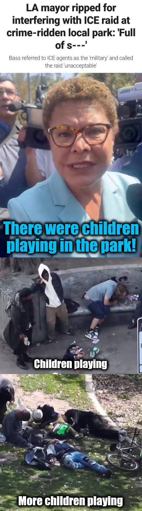 Karen Bass: P.O.S. | There were children playing in the park! Children playing; More children playing | image tagged in memes,macarthur park,los angeles,democrats,ice raid,trump derangement syndrome | made w/ Imgflip meme maker