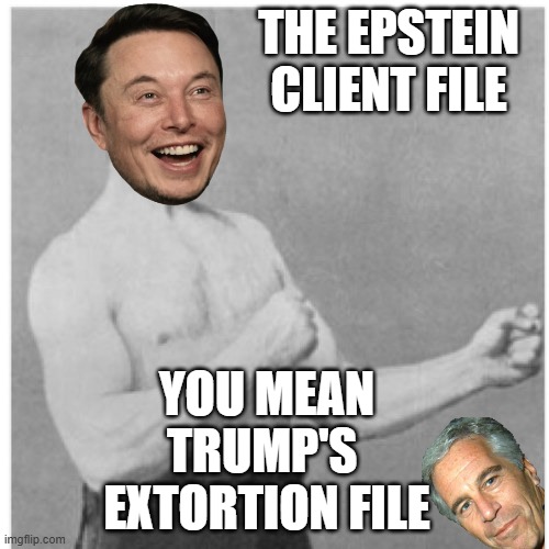 Overly Manly Musk | THE EPSTEIN CLIENT FILE; YOU MEAN TRUMP'S 
EXTORTION FILE | image tagged in memes,overly manly man,jeffrey epstein,epstein,donald trump approves,trump lies | made w/ Imgflip meme maker