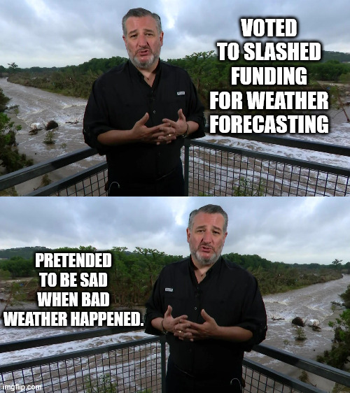 VOTED TO SLASHED FUNDING FOR WEATHER FORECASTING; PRETENDED TO BE SAD WHEN BAD WEATHER HAPPENED. | made w/ Imgflip meme maker