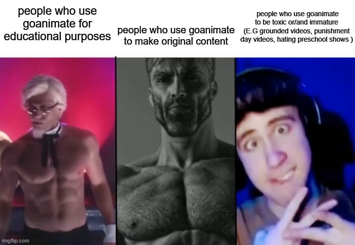 Colonel Sanders vs Gigachad vs Femboy | people who use goanimate for educational purposes; people who use goanimate to be toxic or/and immature (E.G grounded videos, punishment day videos, hating preschool shows ); people who use goanimate to make original content | image tagged in colonel sanders vs gigachad vs femboy,goanimate,vyond | made w/ Imgflip meme maker