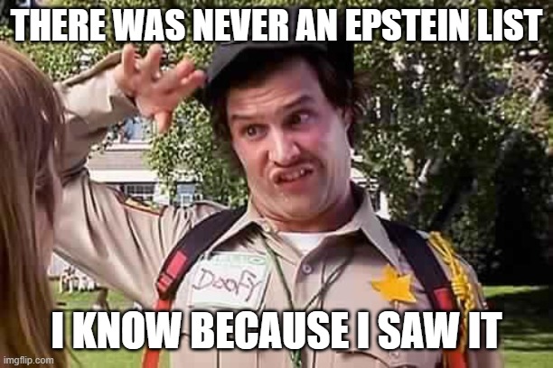 Doofy explains there was never an Epstein list! | THERE WAS NEVER AN EPSTEIN LIST; I KNOW BECAUSE I SAW IT | image tagged in doofy | made w/ Imgflip meme maker