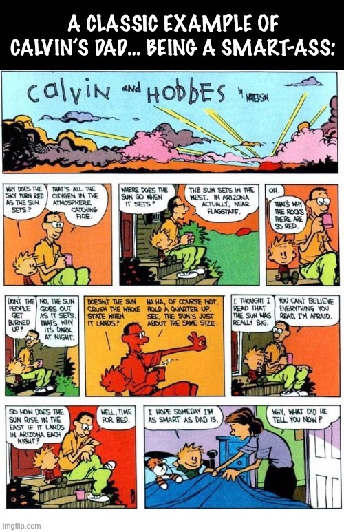 It all seems plausible… | A CLASSIC EXAMPLE OF CALVIN’S DAD… BEING A SMART-ASS: | image tagged in calvin and hobbes,dad,being a smartass,comics | made w/ Imgflip meme maker