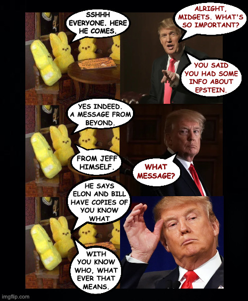 Good friends are with you for life. | SSHHH
EVERYONE. HERE
HE COMES. ALRIGHT,
MIDGETS. WHAT'S
SO IMPORTANT? YOU SAID
YOU HAD SOME
INFO ABOUT
EPSTEIN. YES INDEED.
A MESSAGE FROM
B | image tagged in peeps,trump epstein,memes,creeps inc | made w/ Imgflip meme maker