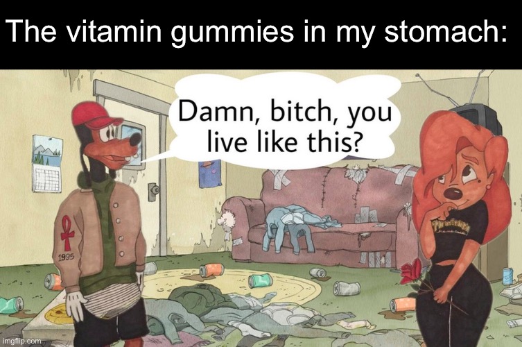 Whe the vitamin gummies hit the spot | The vitamin gummies in my stomach: | image tagged in damn bitch you live like this,stomach,digestive system | made w/ Imgflip meme maker