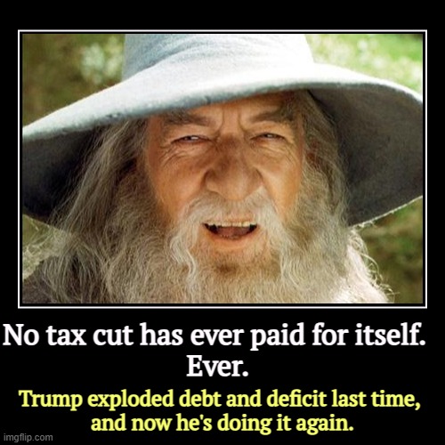No tax cut has ever paid for itself. 
Ever. | Trump exploded debt and deficit last time, 
and now he's doing it again. | image tagged in funny,demotivationals,gandalf,tax cuts for the rich,trump,liar | made w/ Imgflip demotivational maker