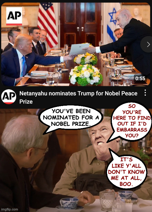 That letter's gonna carry a lot of weight. | SO
YOU'RE
HERE TO FIND
OUT IF I'D
EMBARRASS
YOU? YOU'VE BEEN
NOMINATED FOR A
NOBEL PRIZE. IT'S
LIKE Y'ALL
DON'T KNOW
ME AT ALL,
BOO. | image tagged in memes,trump,nobel | made w/ Imgflip meme maker