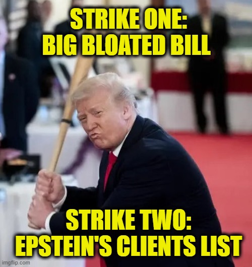 MAGA striking out | STRIKE ONE:
BIG BLOATED BILL; STRIKE TWO:
EPSTEIN'S CLIENTS LIST | image tagged in maga | made w/ Imgflip meme maker