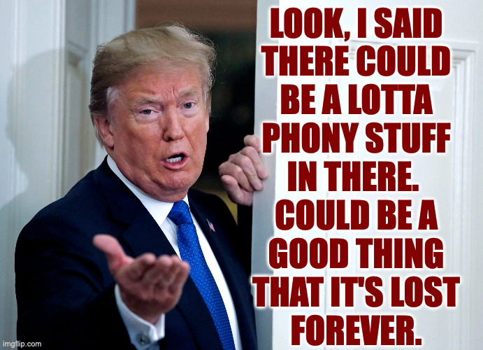 LOOK, I SAID
THERE COULD
BE A LOTTA
PHONY STUFF
IN THERE. 
COULD BE A
GOOD THING
THAT IT'S LOST
FOREVER. | made w/ Imgflip meme maker