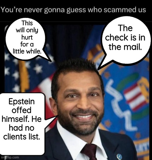 You won't believe who scammed us | The check is in the mail. This will only hurt for a little while. Epstein offed himself. He had no clients list. | image tagged in kakashi,fbi,bullshit | made w/ Imgflip meme maker