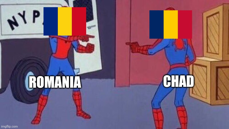 spiderman pointing at spiderman | CHAD; ROMANIA | image tagged in spiderman pointing at spiderman | made w/ Imgflip meme maker