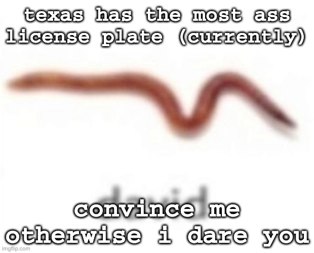 david | texas has the most ass license plate (currently); convince me otherwise i dare you | image tagged in david | made w/ Imgflip meme maker