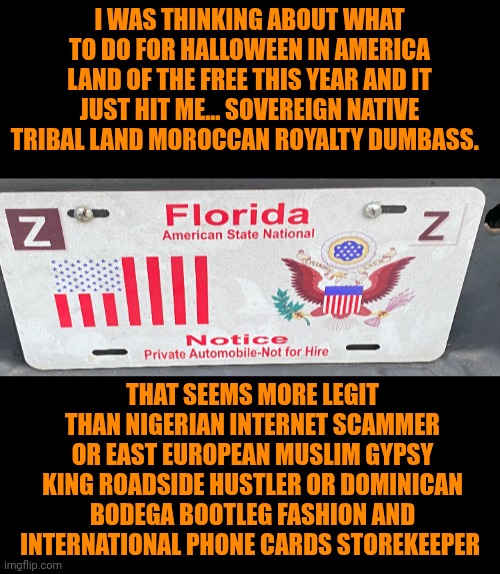 Funny | I WAS THINKING ABOUT WHAT TO DO FOR HALLOWEEN IN AMERICA LAND OF THE FREE THIS YEAR AND IT JUST HIT ME... SOVEREIGN NATIVE TRIBAL LAND MOROCCAN ROYALTY DUMBASS. THAT SEEMS MORE LEGIT THAN NIGERIAN INTERNET SCAMMER OR EAST EUROPEAN MUSLIM GYPSY KING ROADSIDE HUSTLER OR DOMINICAN BODEGA BOOTLEG FASHION AND INTERNATIONAL PHONE CARDS STOREKEEPER | image tagged in funny,american politics,halloween,halloween costume,party,america | made w/ Imgflip meme maker