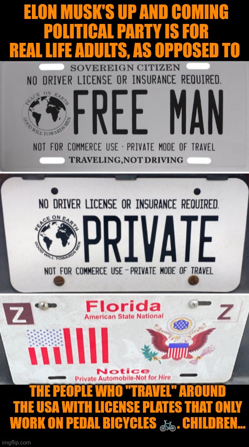 Funny | ELON MUSK'S UP AND COMING POLITICAL PARTY IS FOR REAL LIFE ADULTS, AS OPPOSED TO; THE PEOPLE WHO "TRAVEL" AROUND THE USA WITH LICENSE PLATES THAT ONLY WORK ON PEDAL BICYCLES 🚲. CHILDREN... | image tagged in funny,politics,elon musk,party,bicycle,children | made w/ Imgflip meme maker